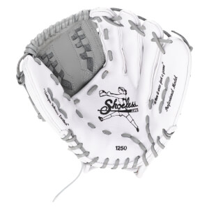 Top-down view of a white and gray baseball glove with "Shoeless Jane" logo and "1250" visible.