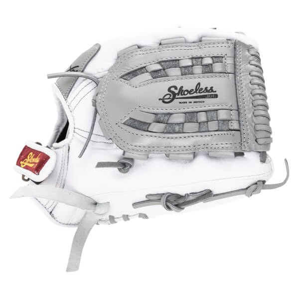 Front view of a white and gray baseball glove with "Shoeless Joe" and "Made in Mexico" visible.