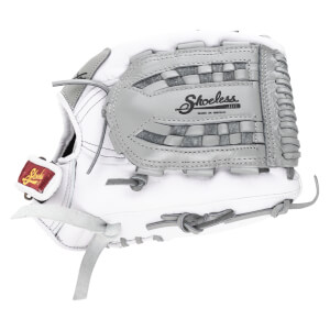 Front view of a white and gray baseball glove with "Shoeless Joe" and "Made in Mexico" visible.