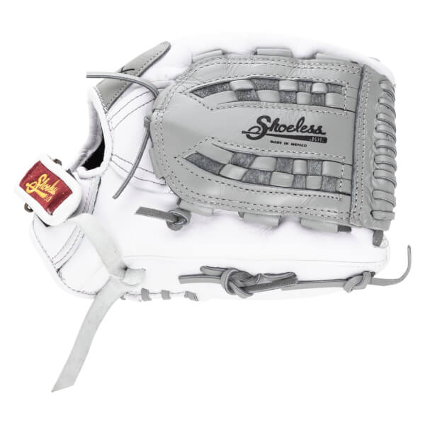 Front view of a white and gray baseball glove with "Shoeless Joe" logo and "Made in Mexico" text.