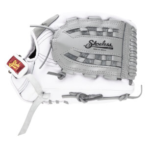 Front view of a white and gray baseball glove with "Shoeless Joe" logo and "Made in Mexico" text.