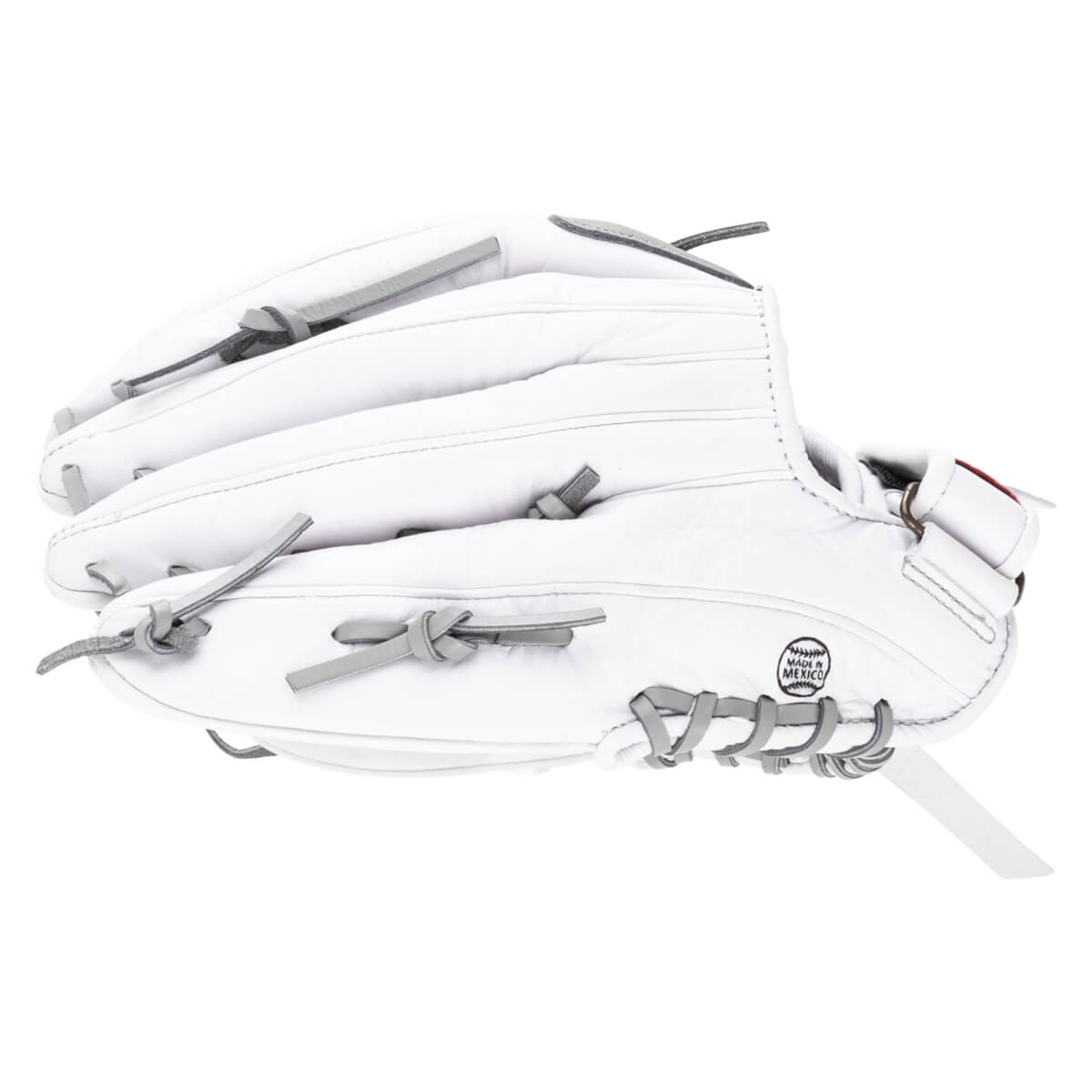 Side view of a white baseball glove with grey lacing and a "Made in Mexico" stamp.