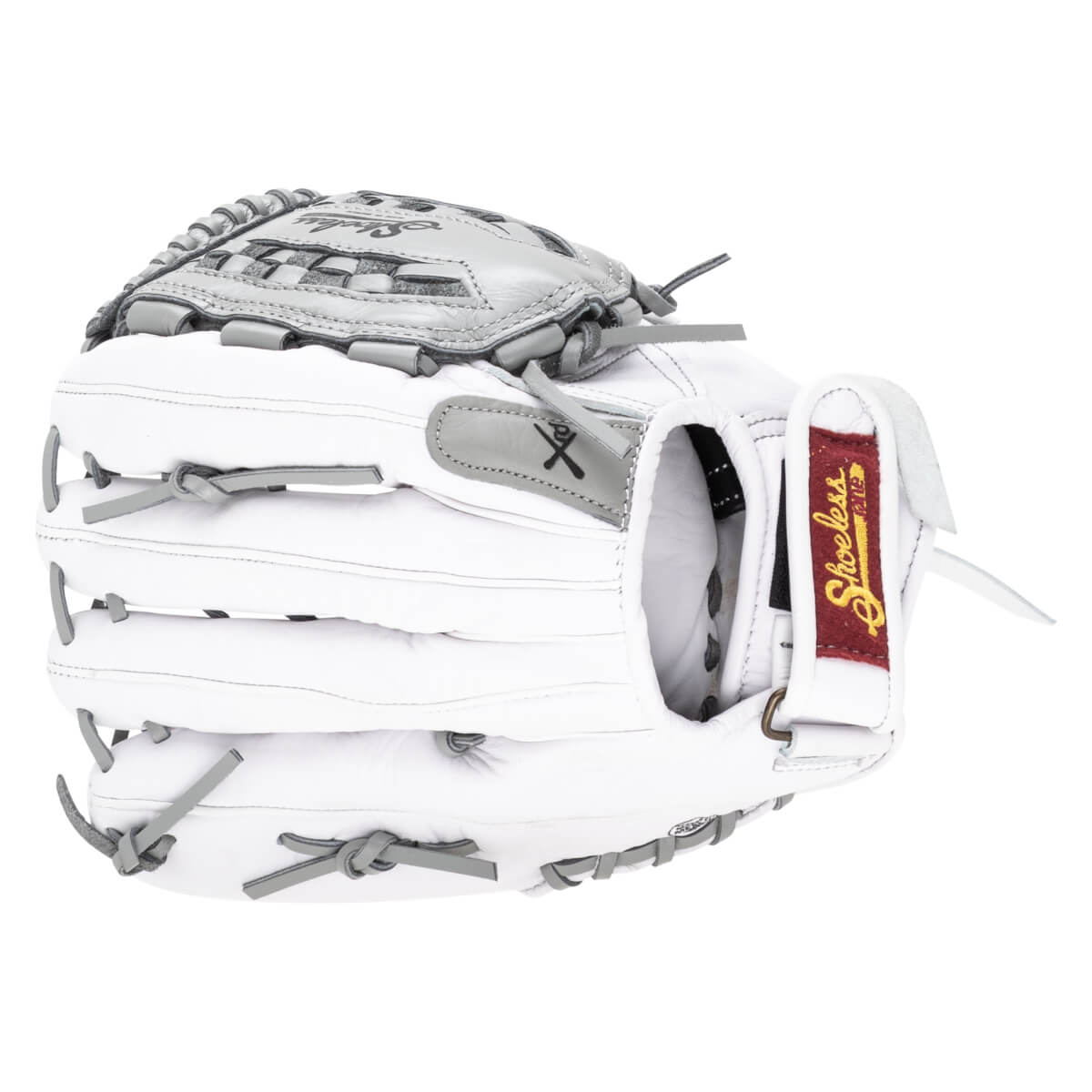 Side view of a white baseball glove with grey lacing and a maroon tag that says "Shoeless".