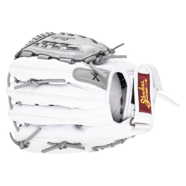 Side view of a white baseball glove with grey lacing and a maroon tag that says "Shoeless".