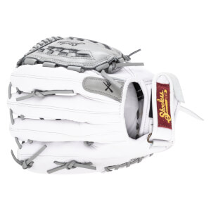 Side view of a white baseball glove with grey lacing and a maroon tag that says "Shoeless".