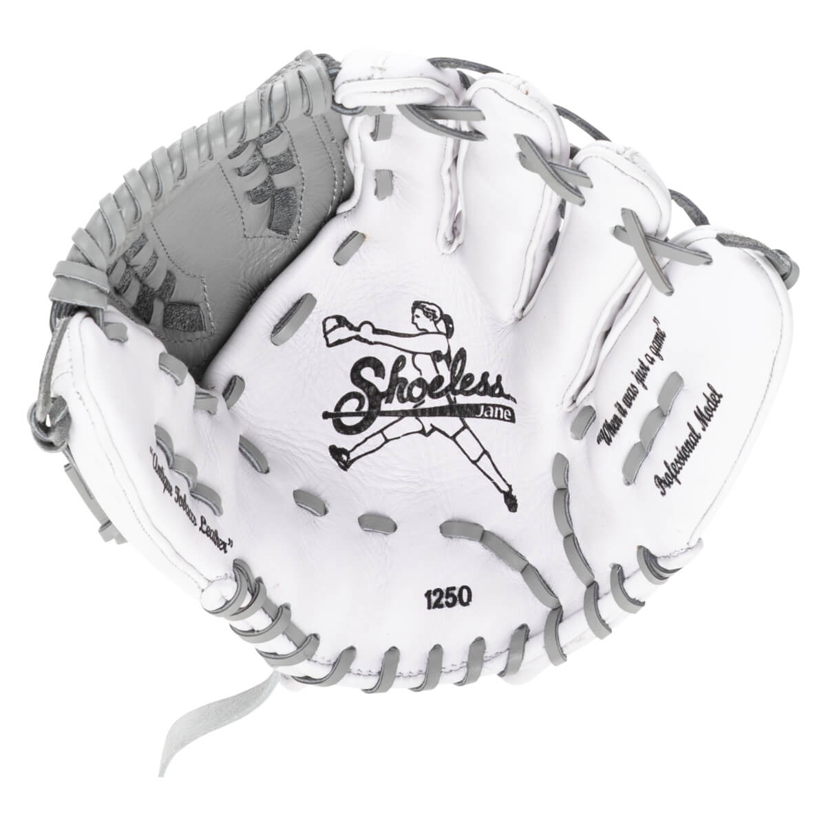 Top-down view of a white softball glove with grey lacing, showing the "Shoeless Jane" logo and "1250" model number.
