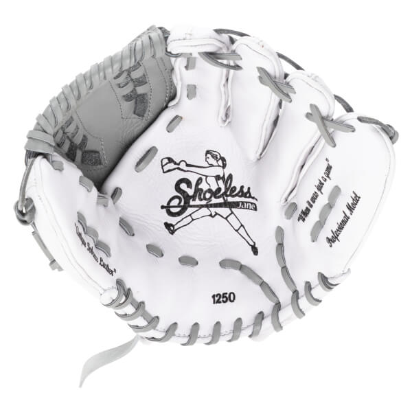 Top-down view of a white softball glove with grey lacing, showing the "Shoeless Jane" logo and "1250" model number.