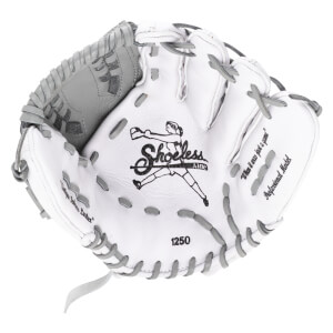 Top-down view of a white softball glove with grey lacing, showing the "Shoeless Jane" logo and "1250" model number.