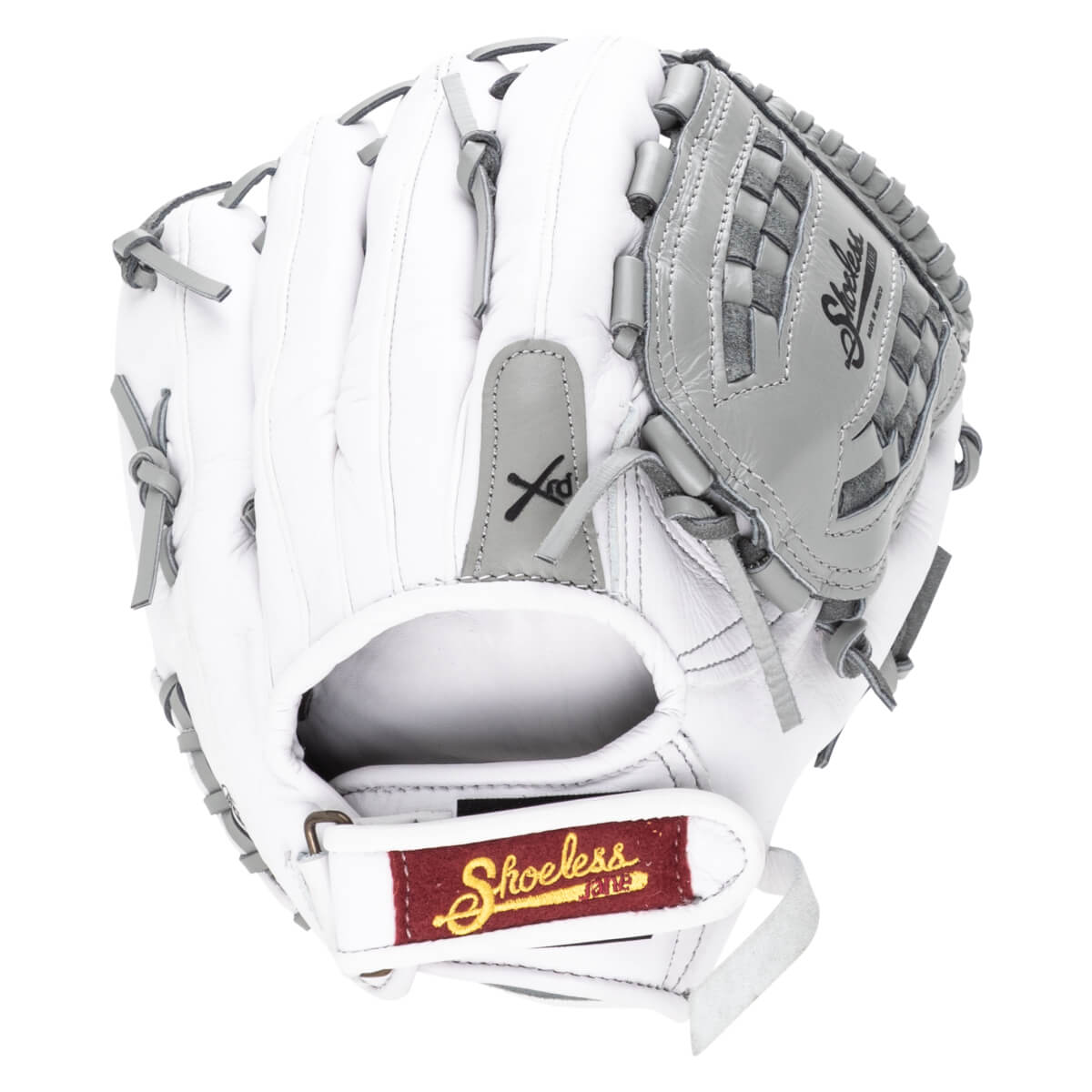 Top-down view of a white baseball glove with gray lacing and a "Shoeless" logo on a maroon tag.