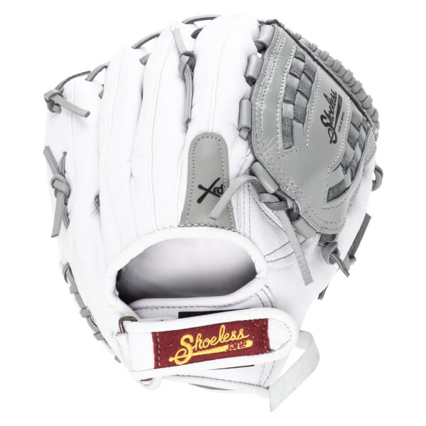 Top-down view of a white baseball glove with gray lacing and a "Shoeless" logo on a maroon tag.