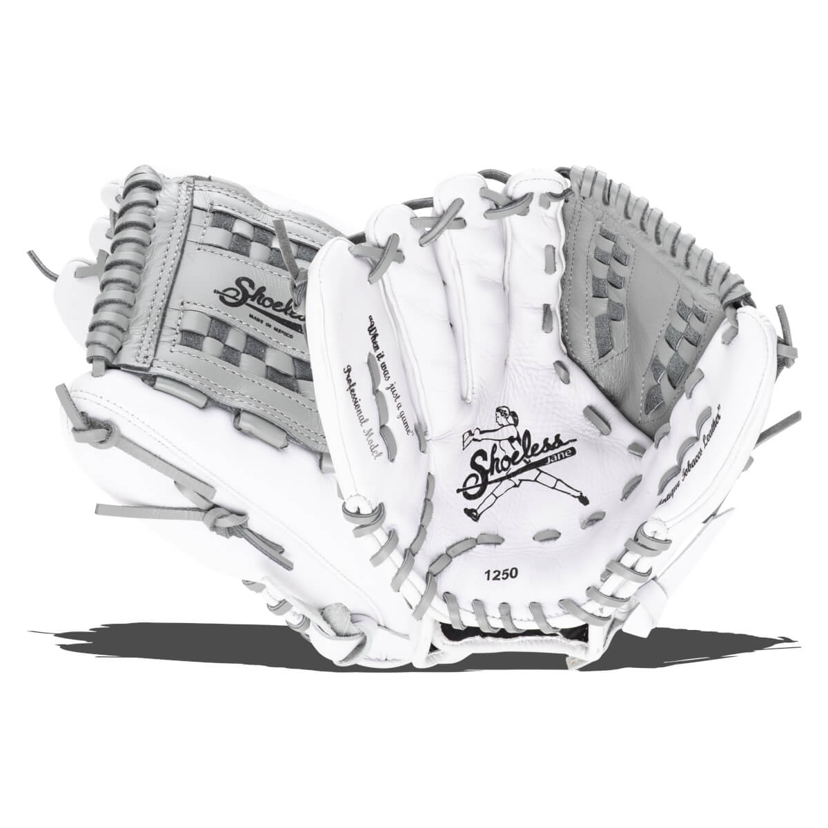 Front view of a white and gray baseball glove with "Shoeless" logo and "1250" visible.
