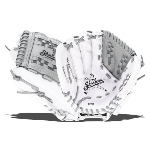 Front view of a white and gray baseball glove with "Shoeless" logo and "1250" visible.