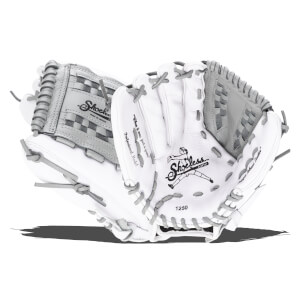 Front view of a white and gray baseball glove with "Shoeless" logo and "1250" visible.