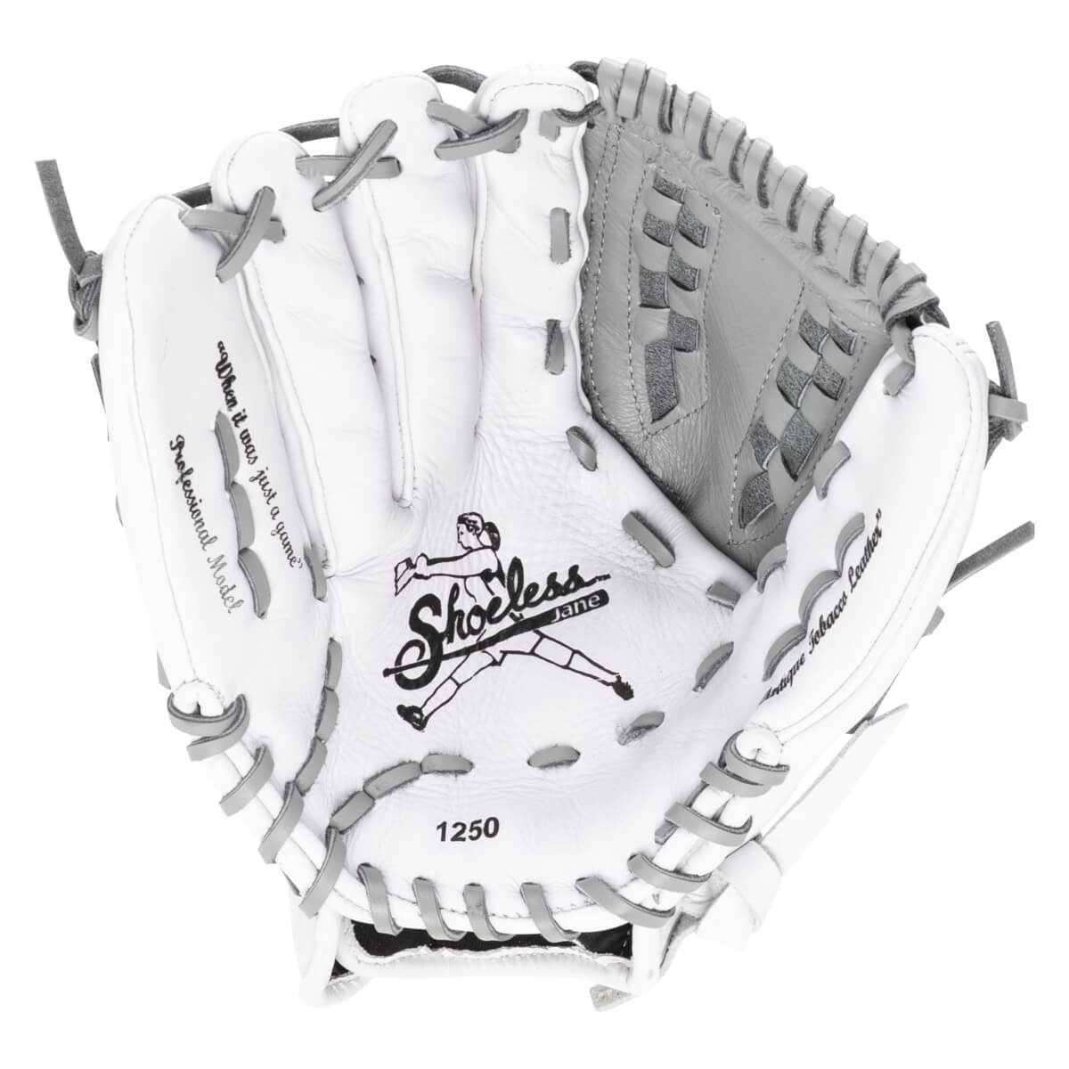 Top-down view of a white baseball glove with gray lacing, showing the "Shoeless Jane" logo and "1250".