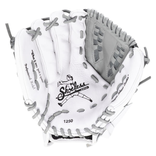 Top-down view of a white baseball glove with gray lacing, showing the "Shoeless Jane" logo and "1250".