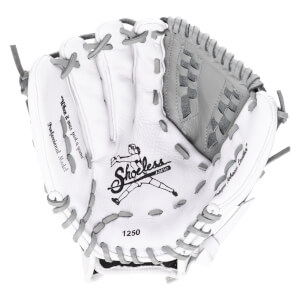 Top-down view of a white baseball glove with gray lacing, showing the "Shoeless Jane" logo and "1250".
