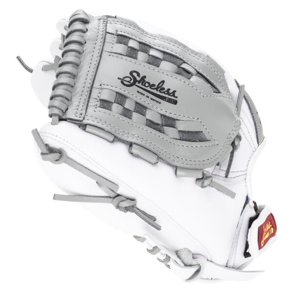 Top-down view of a white baseball glove with grey lacing and a checkered grey palm, featuring the "Shoeless Joe" logo.