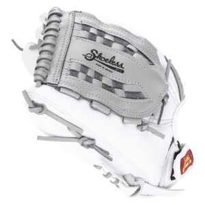 Top-down view of a white baseball glove with grey lacing and a checkered grey palm, featuring the "Shoeless Joe" logo.