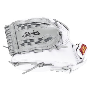 Side view of a white and grey baseball glove with "Shoeless Joe" logo and "Made in Mexico" text.
