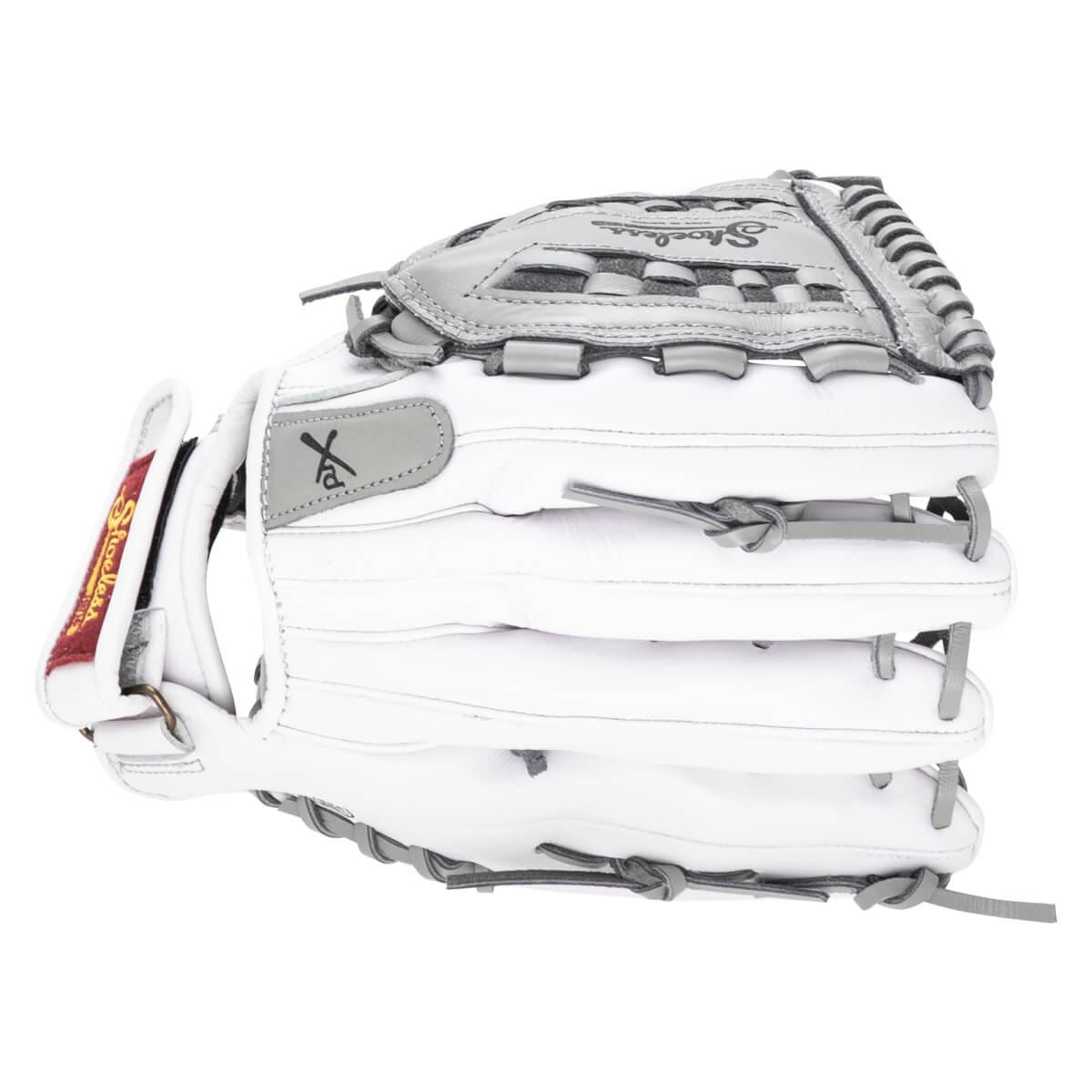 Side view of a white baseball glove with grey lacing and a "Shoeless" logo.