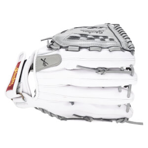 Side view of a white baseball glove with grey lacing and a "Shoeless" logo.