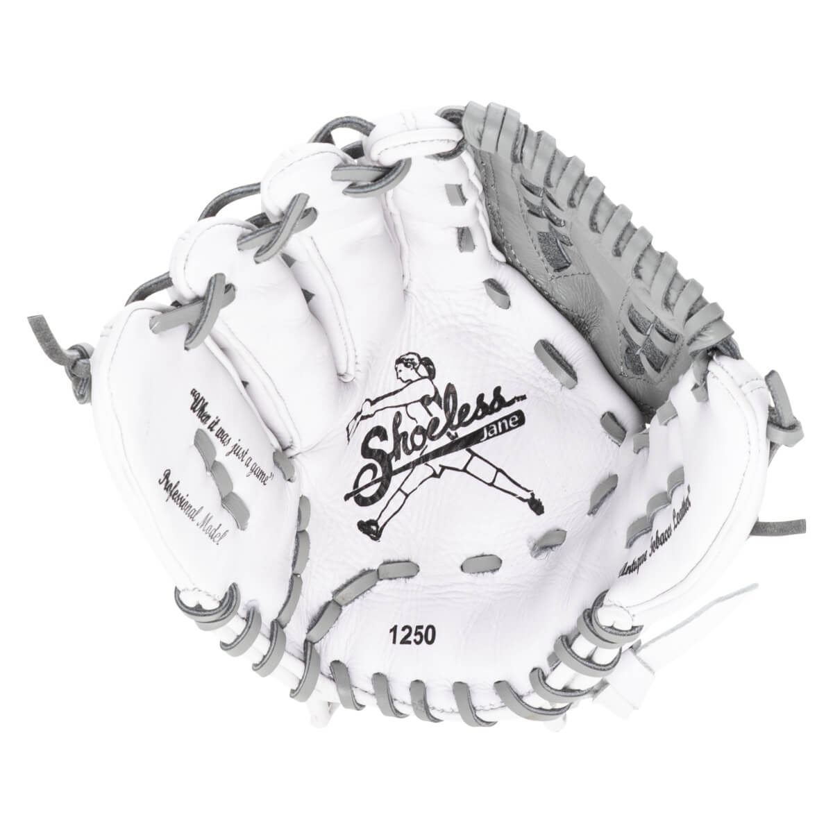 Top-down view of a white softball glove with grey lacing, featuring the "Shoeless Jane" logo and "1250" model number.