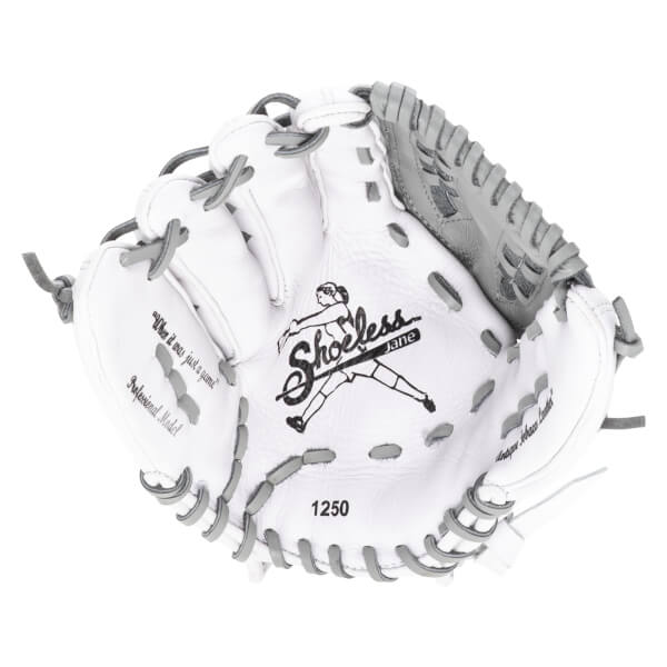 Top-down view of a white softball glove with grey lacing, featuring the "Shoeless Jane" logo and "1250" model number.
