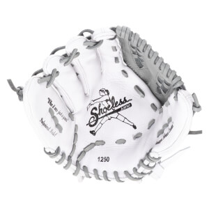 Top-down view of a white softball glove with grey lacing, featuring the "Shoeless Jane" logo and "1250" model number.