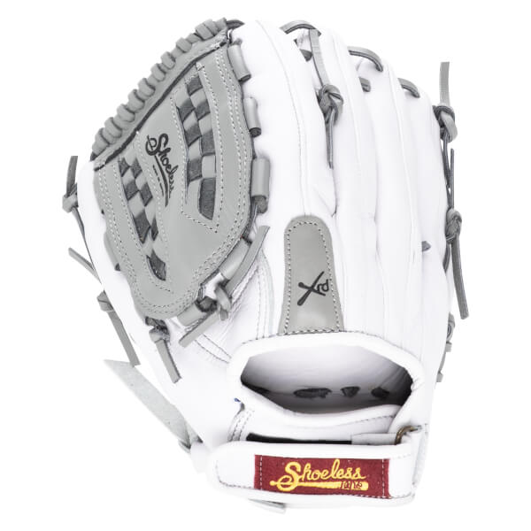 Front view of a white baseball glove with grey accents, featuring a checkered pattern and "Shoeless" branding.