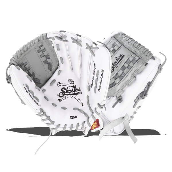 Top-down view of a white and grey baseball glove with "Shoeless Joe" and "Professional Model" text.