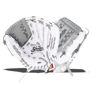 Top-down view of a white and grey baseball glove with "Shoeless Joe" and "Professional Model" text.