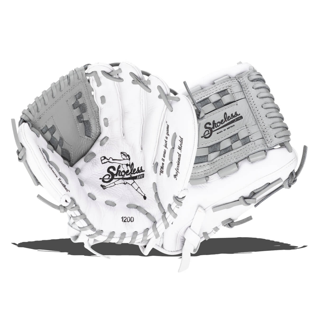 Top-down view of a white and gray baseball glove with "Shoeless Jane" logo and "1200" visible.