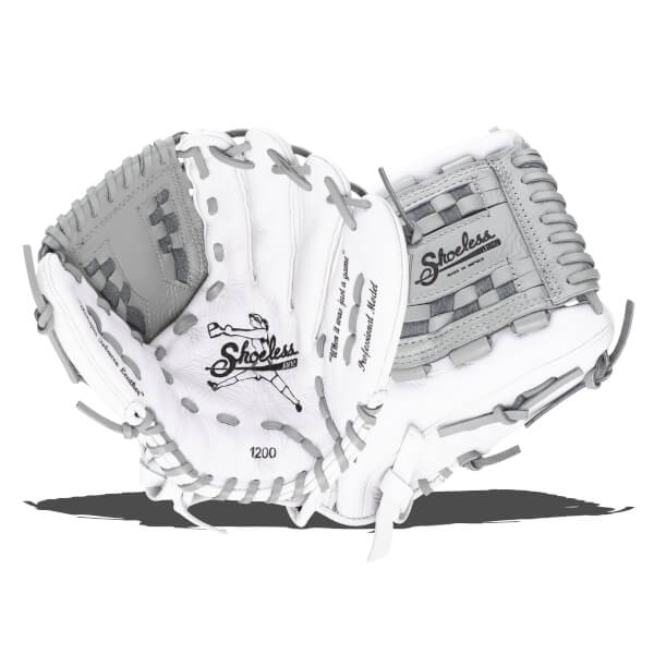 Top-down view of a white and gray baseball glove with "Shoeless Jane" logo and "1200" visible.