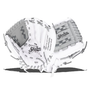 Top-down view of a white and gray baseball glove with "Shoeless Jane" logo and "1200" visible.