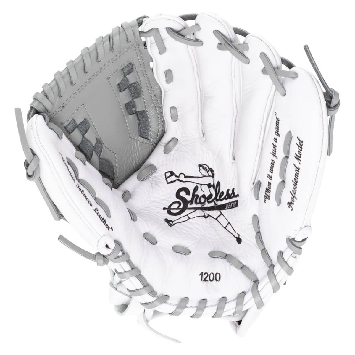 Top-down view of a white and gray baseball glove with "Shoeless Jane" logo, "1200" model number, and text.