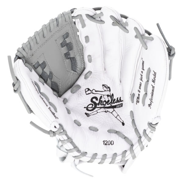 Top-down view of a white and gray baseball glove with "Shoeless Jane" logo, "1200" model number, and text.