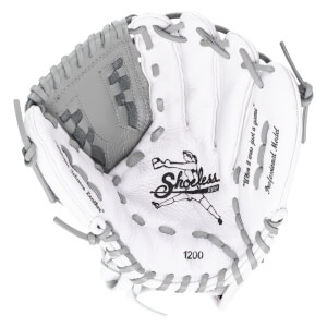 Top-down view of a white and gray baseball glove with "Shoeless Jane" logo, "1200" model number, and text.