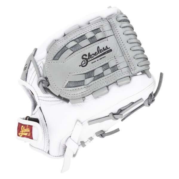 Side view of a white and gray baseball glove with "Shoeless Joe" and "Made in Mexico" visible.