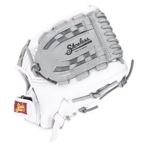 Side view of a white and gray baseball glove with "Shoeless Joe" and "Made in Mexico" visible.