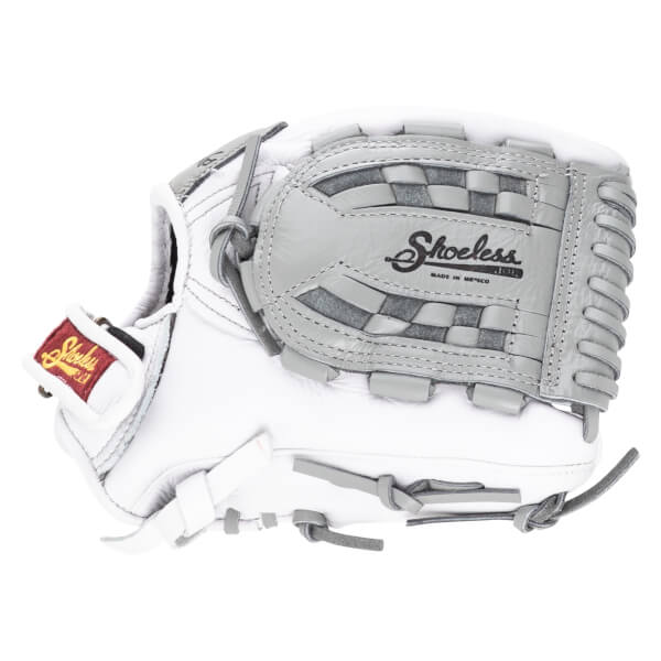 Side view of a white baseball glove with gray woven accents and "Shoeless Joe" logo.