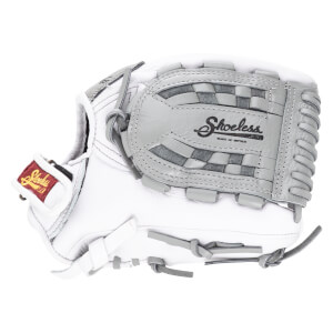 Side view of a white baseball glove with gray woven accents and "Shoeless Joe" logo.