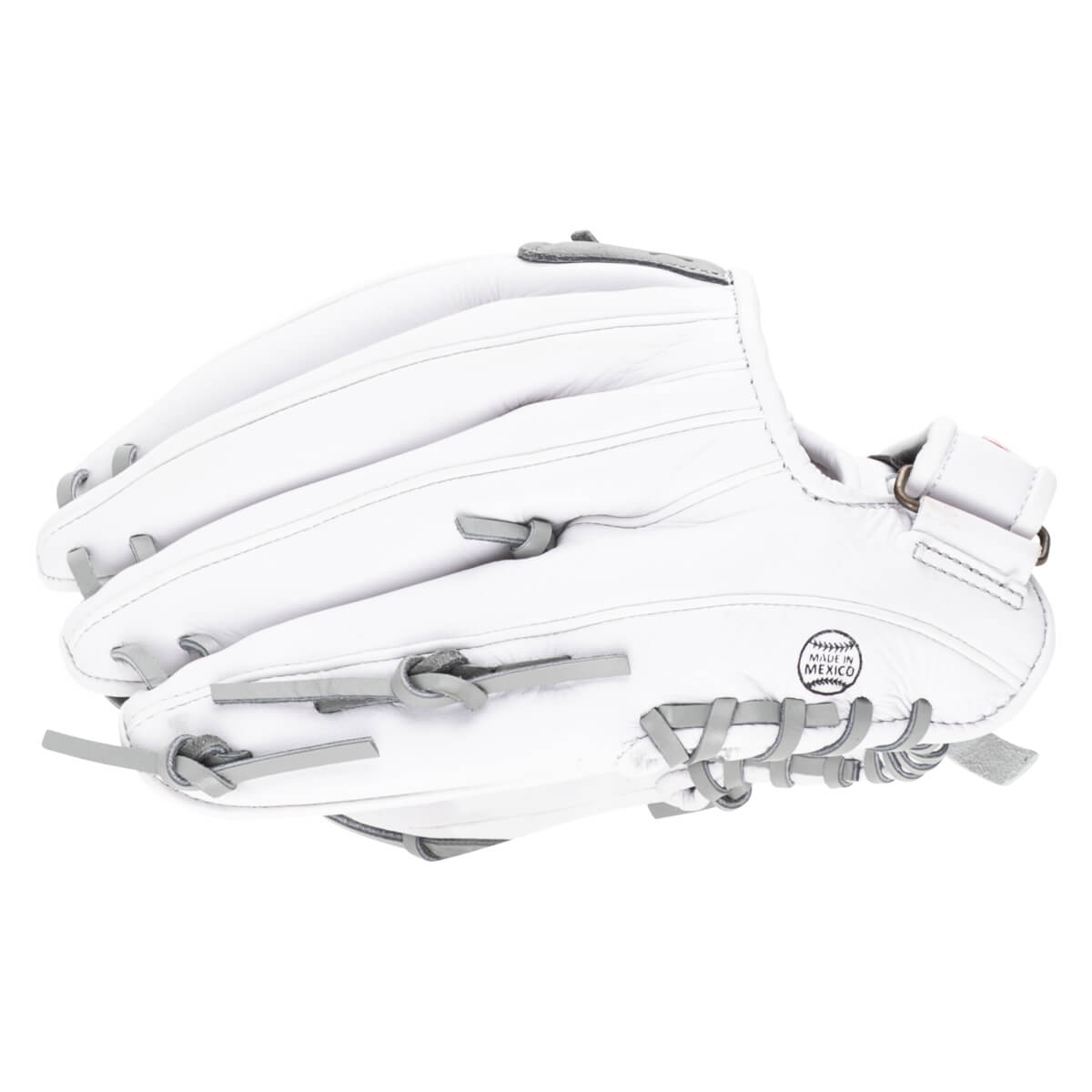 Side view of a white leather baseball glove with grey lacing and a "Made in Mexico" stamp.