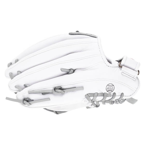 Side view of a white leather baseball glove with grey lacing and a "Made in Mexico" stamp.
