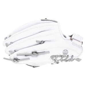 Side view of a white leather baseball glove with grey lacing and a "Made in Mexico" stamp.