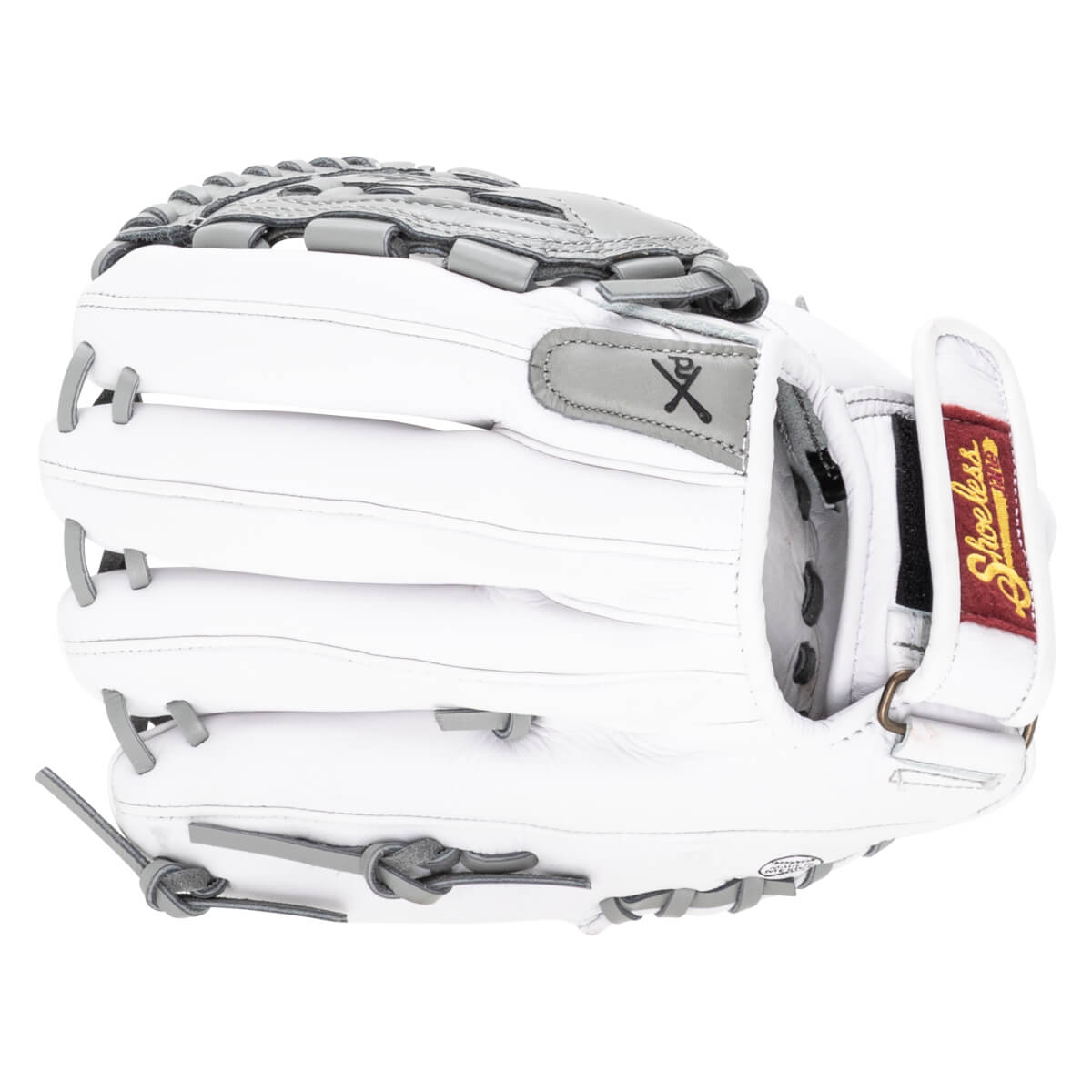 Side view of a white baseball glove with grey lacing and a "Shoeless Joe" logo.