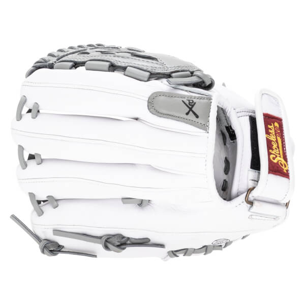 Side view of a white baseball glove with grey lacing and a "Shoeless Joe" logo.