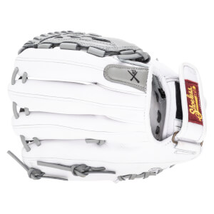Side view of a white baseball glove with grey lacing and a "Shoeless Joe" logo.