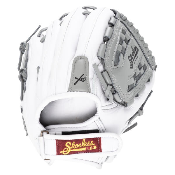 Top-down view of a white baseball glove with grey accents and "Shoeless" logo.