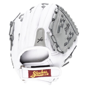 Top-down view of a white baseball glove with grey accents and "Shoeless" logo.