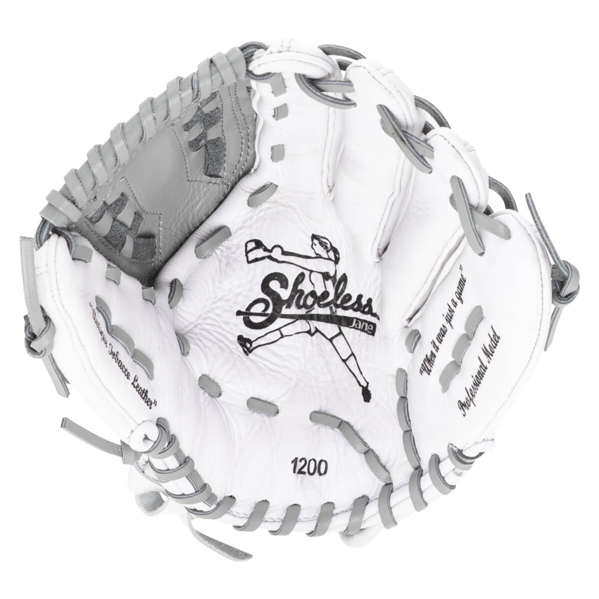 Top-down view of a white and grey baseball glove with "Shoeless Jane" logo, "1200", and "Professional Model" text.